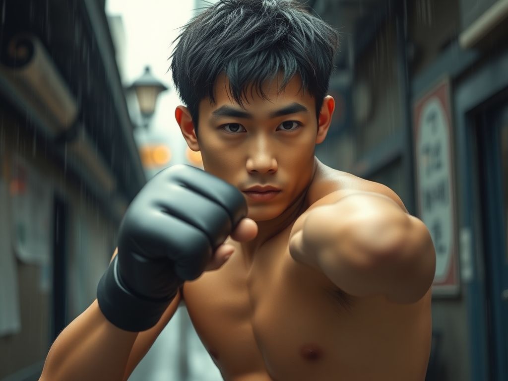 Korean high school fighter in a rainy alley