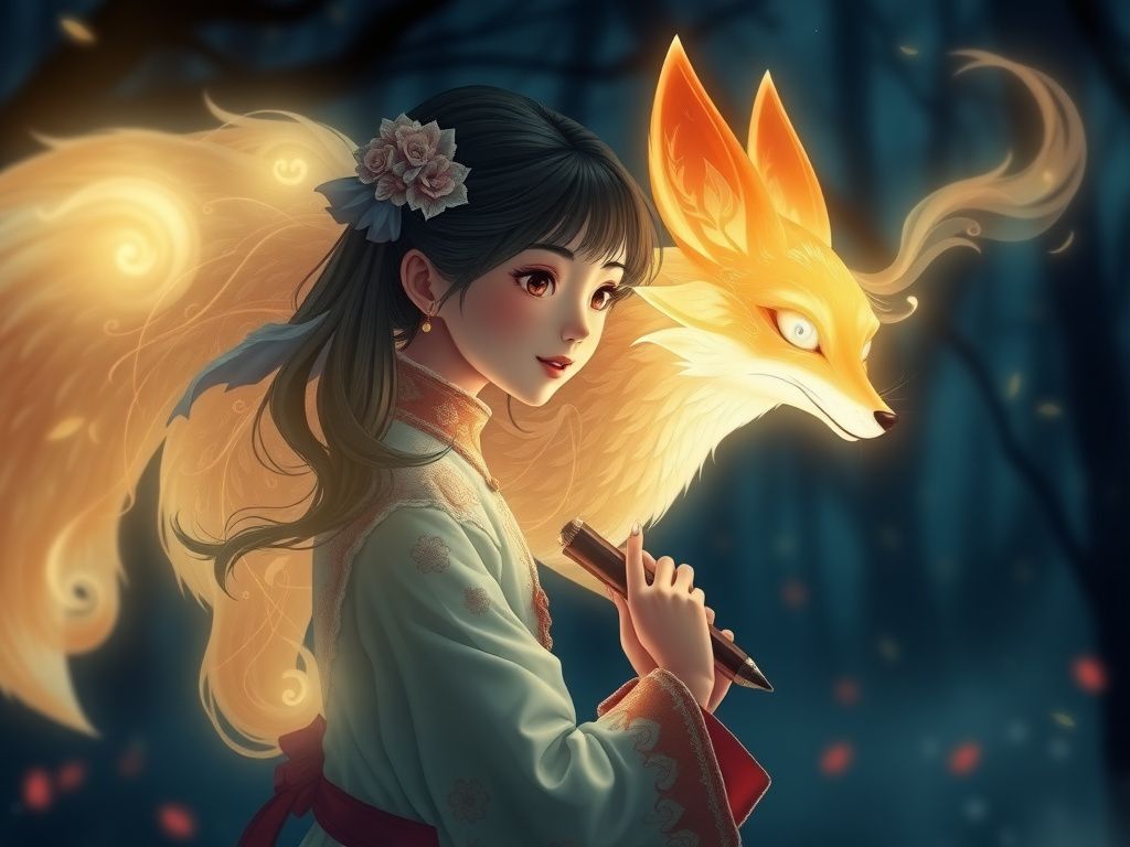 Chinese girl with glowing spirit fox in a midnight forest