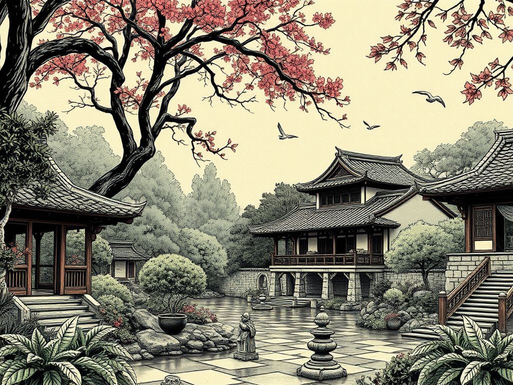 Historical comic cover with an ancient garden and ink painting style
