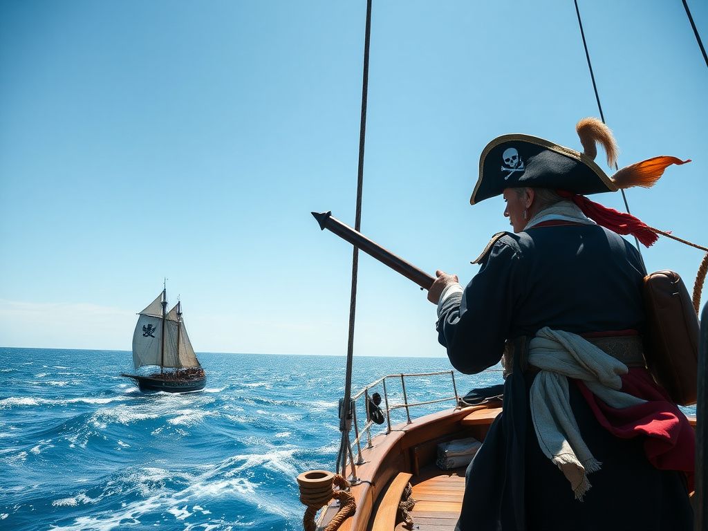 Japanese pirate captain and crew sailing under a bright blue sky