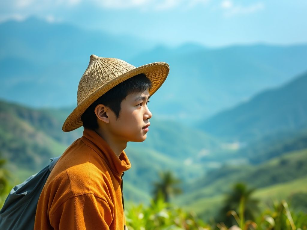 Young Chinese cultivator overlooking a vast blue mountain valley