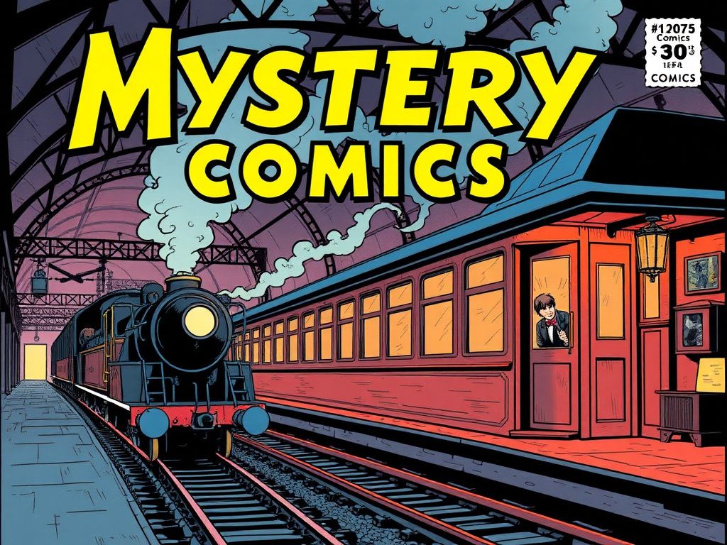 Mystery comic cover with a vintage train station